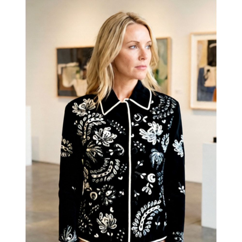 Vintage Anage Black Blazer Beaded Pearls Embroidery Flowers Fuchsia Lining S